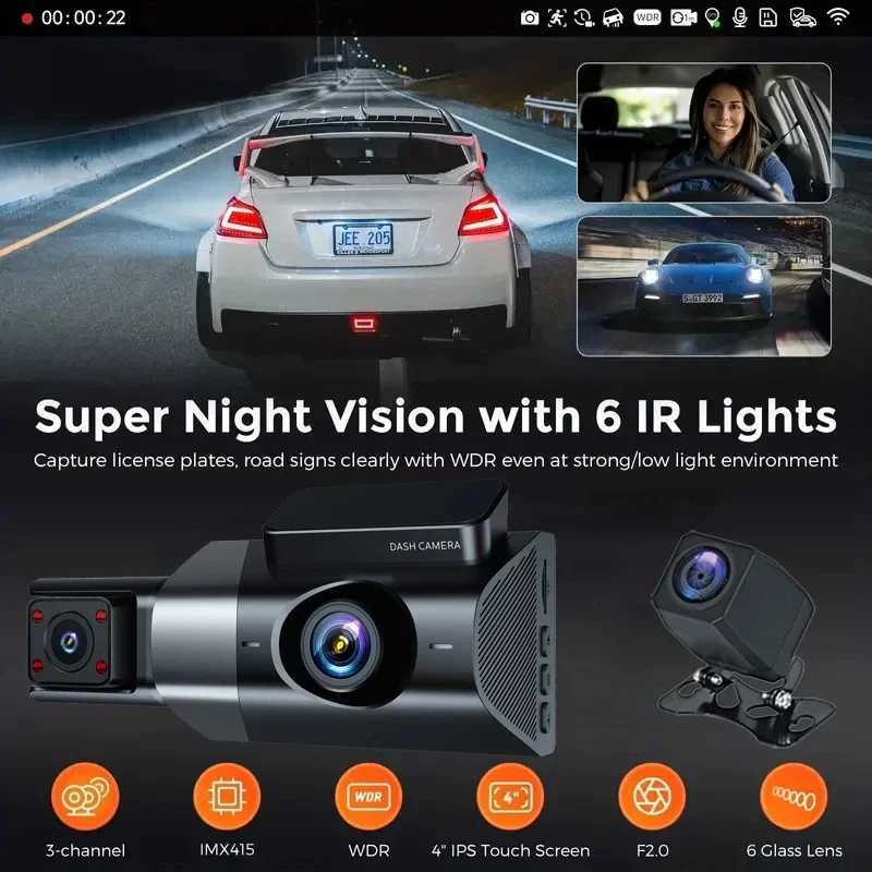 Car dvr Car dvr 4K 3Lens Dash Cam for Cars Front and Rear View Camera for Vehicle GPS WIFI Video Recorder Parking Monitor Car Assecories R250529