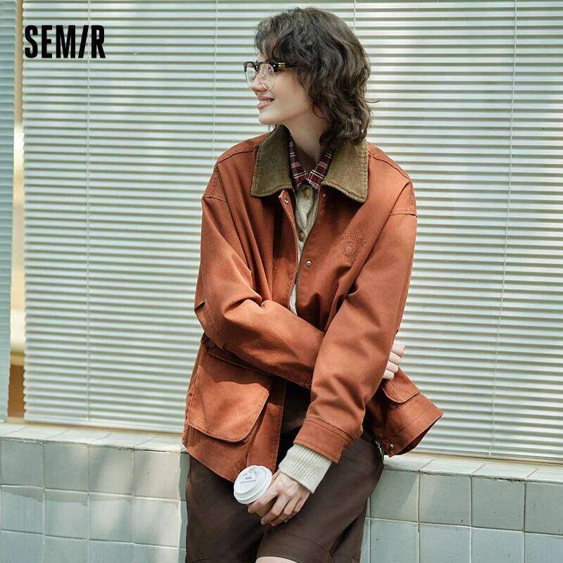 Semir Coat Women Medium Length Color-Blocking Corduroy Collar Retro New Autumn Embroidery Loose Fashion Jacket
