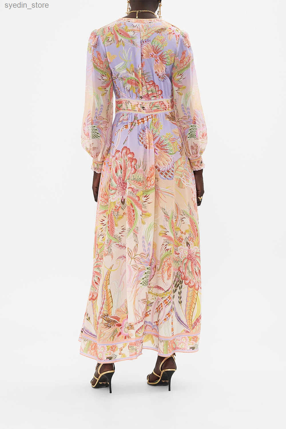 Australian designer Camilla Dr Silk printed V-neck waist cinching slim elastic long dr y250528D9T2