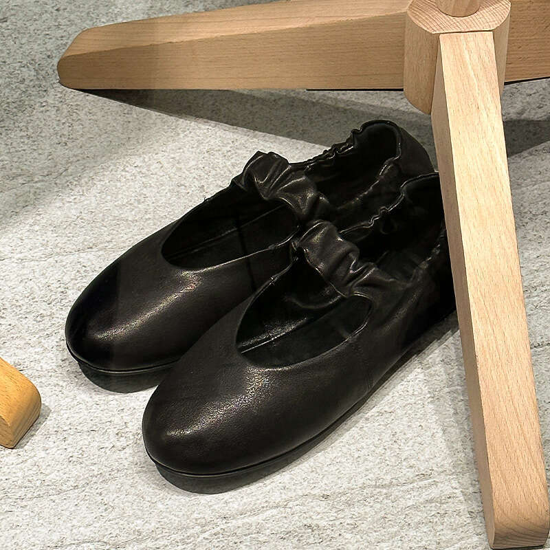Genuine Leather Korean Style Round Toe Shallow Mouth Pleated Strap Mary Jane Shoes for Women 2025 Spring Summer Ballet Flats
