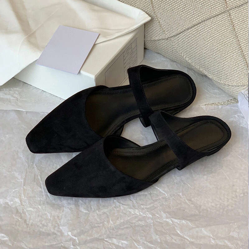 Genuine Leather Suede Mary Jane Women's Shoes Closed Half Slippers Flat Heel Pointed Toe Soft Sole Sandals