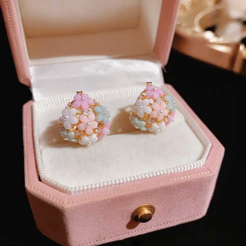 Fashionable Zircon Pearl Flower Basket Ear Buckle Sweet Pink Rhinestone Petal Flower Earrings Wedding Party Jewelry Girls Gifts L250527