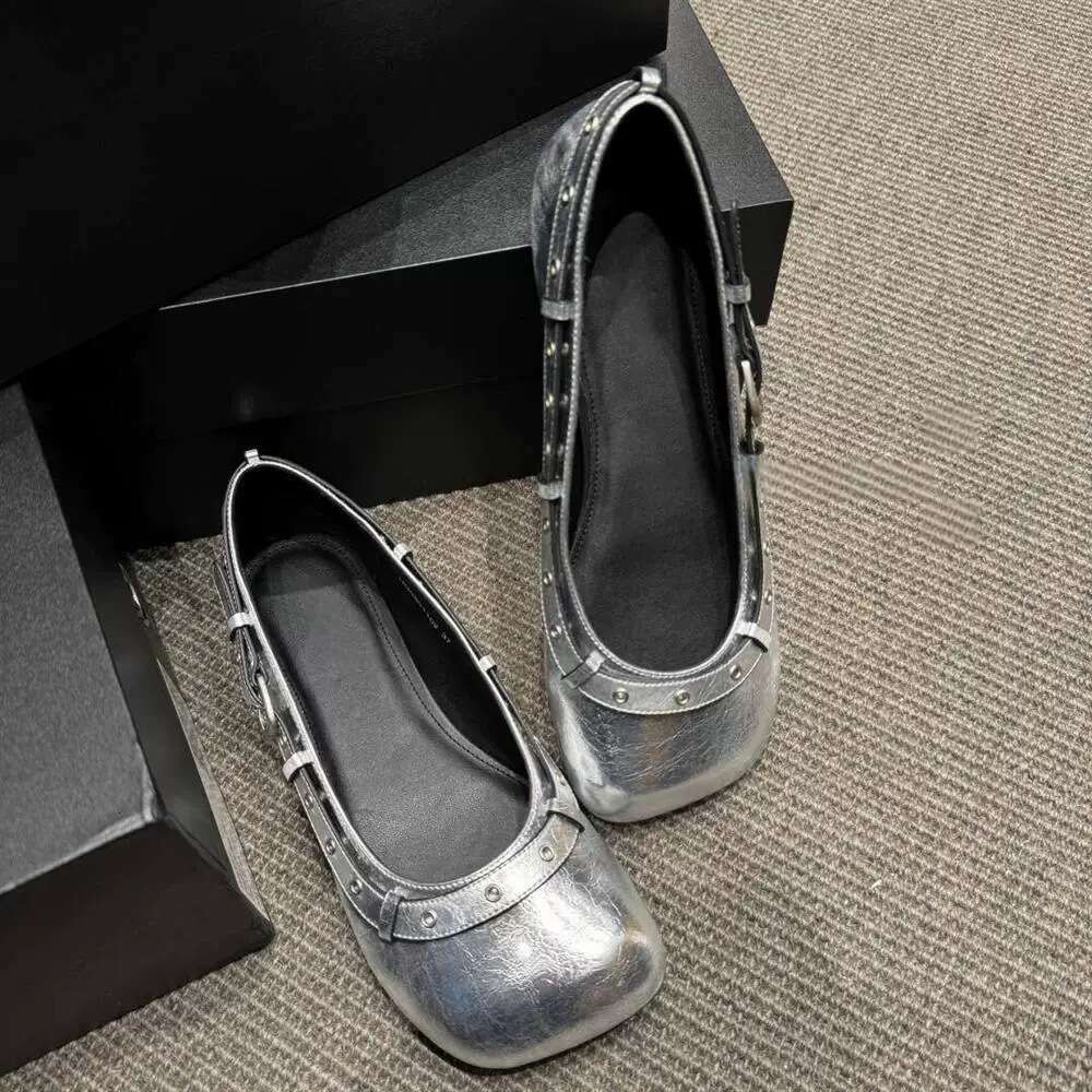 Genuine Leather French Niche Square Toe Shallow Mouth Studded Punk Single for Women 2025 New Spring Summer Ballet Flat Shoes