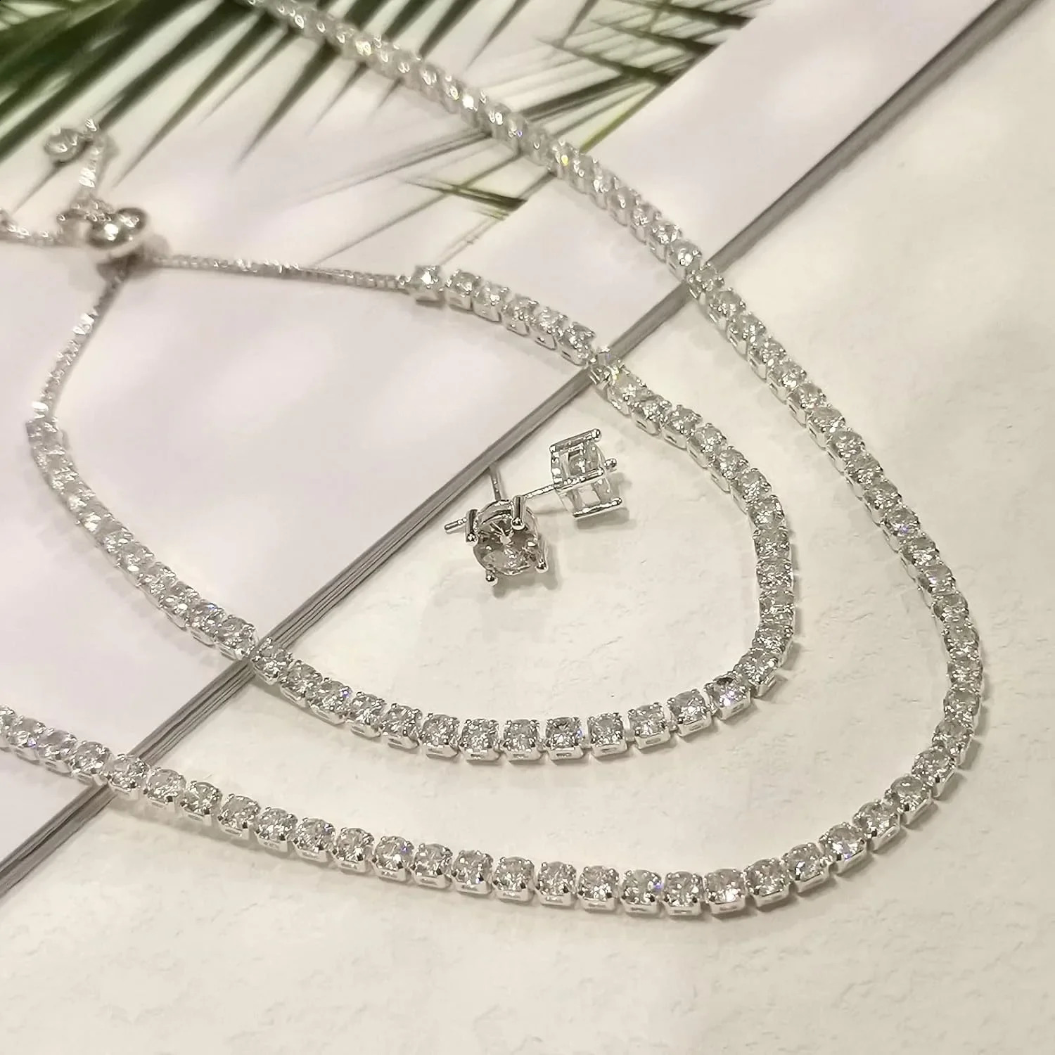 Tennis Necklace Bracelet for Women Sliver Plated Dainty Chocker Necklace Earrings Bracelet for Women Wedding Jewelry for women 250526