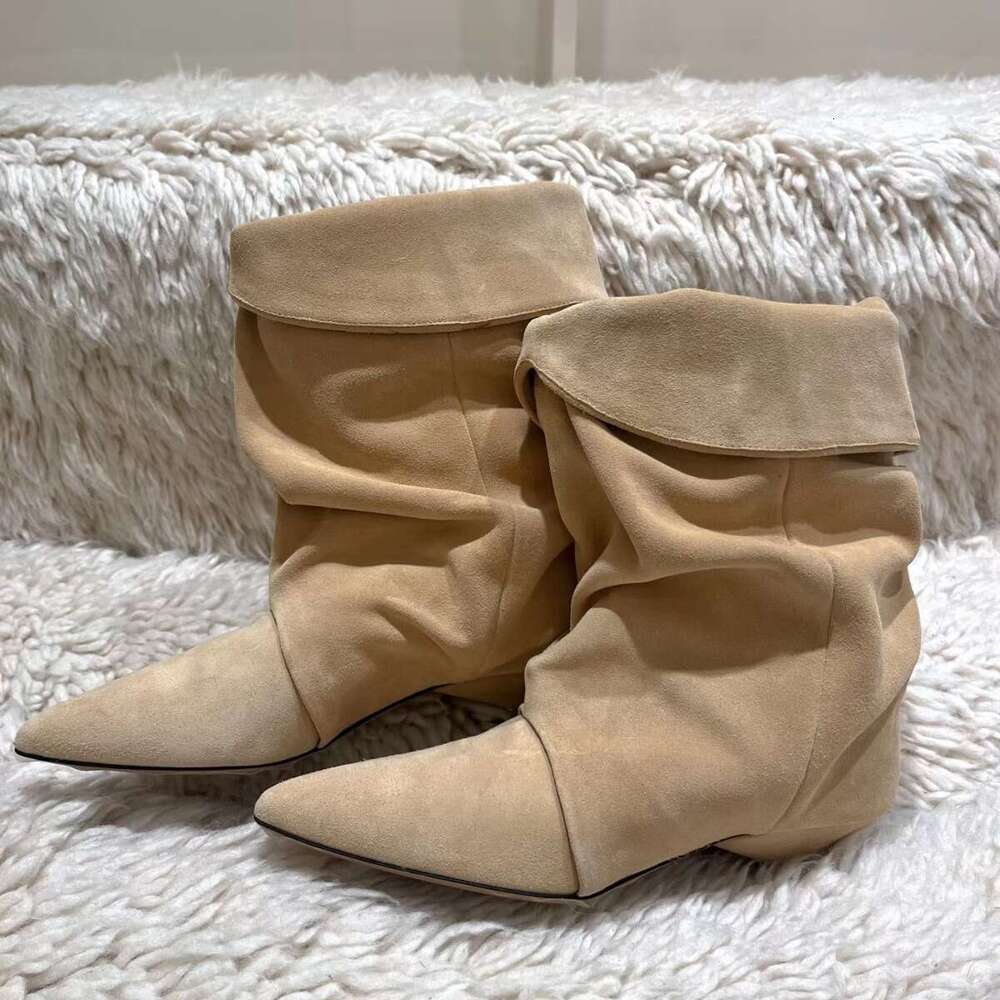 Korean Style Niche Design Pleated Slouch Pointed Toe Western Cowboy for Women 2024 New Autumn Winter Kitten Heel Ankle Boots
