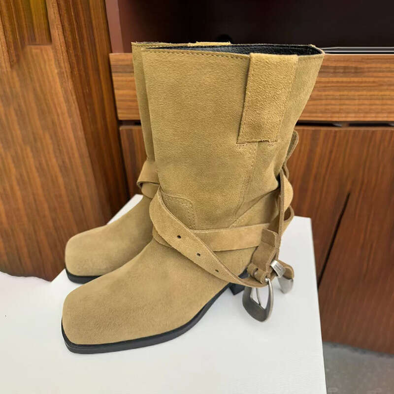 Korean Style Niche Cross Strap Suede Chunky Heel Square Toe Western Cowboy Belt Buckle Martin Short Mid-Calf Boots for Women