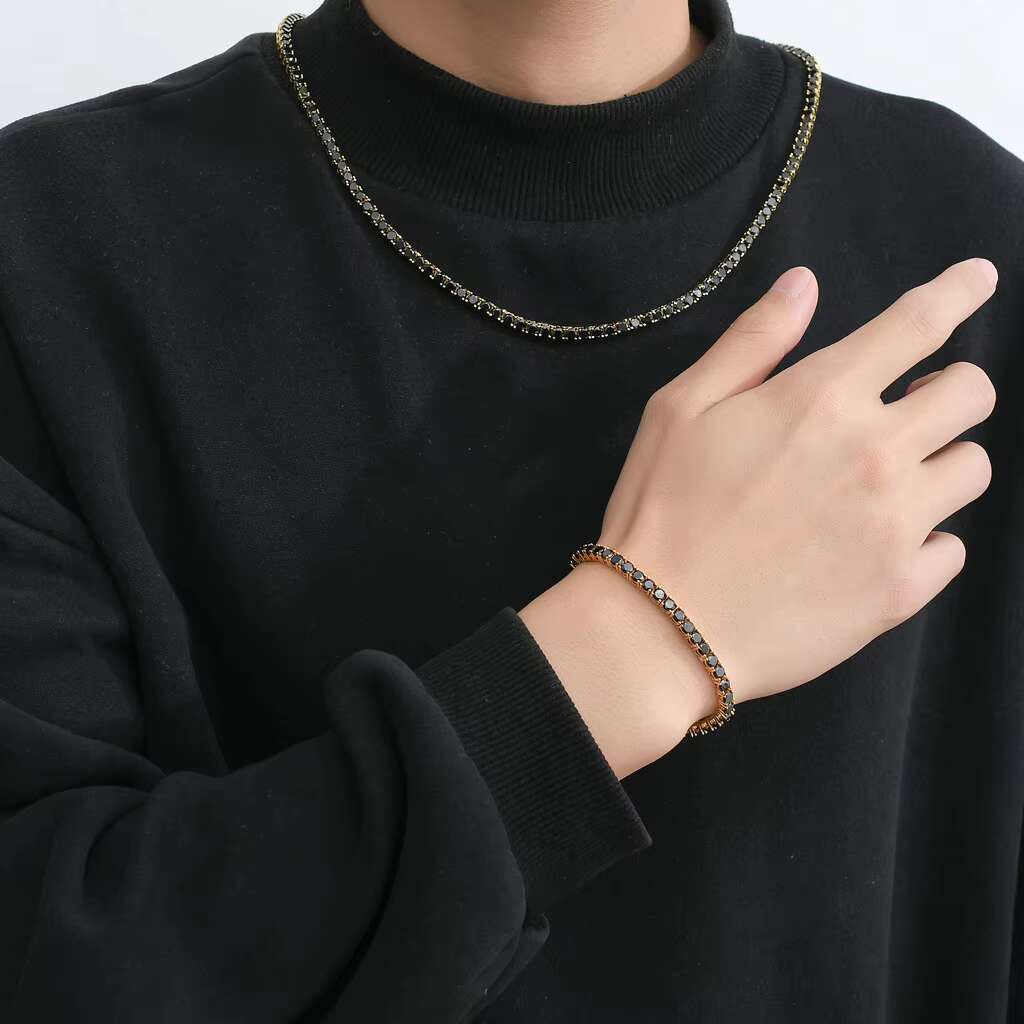 Fashion Quality Men Black 4mm 16 Inch Moissanite Tennis Chain Necklace Hiphop Gold Plated Jewelry for Men with Black Zircon