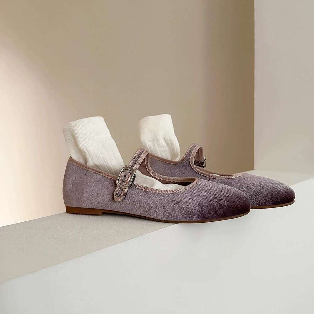 Genuine Leather Velvet French Style Shallow Round Toe One-Strap Mary Jane Shoes for Women 2025 Spring Ballet Flats