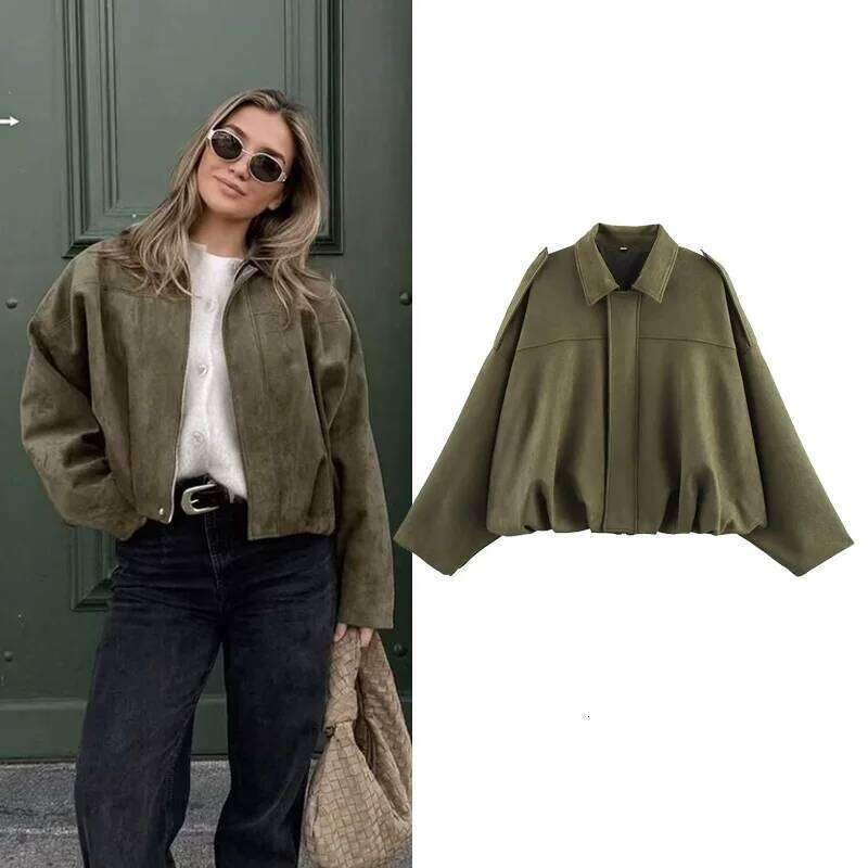 RAFZNB Women's Bomber Jackets Fashion Turn-down Collar Long Sleeve Loose Coats Vintage Female Outerwear Chic Tops
