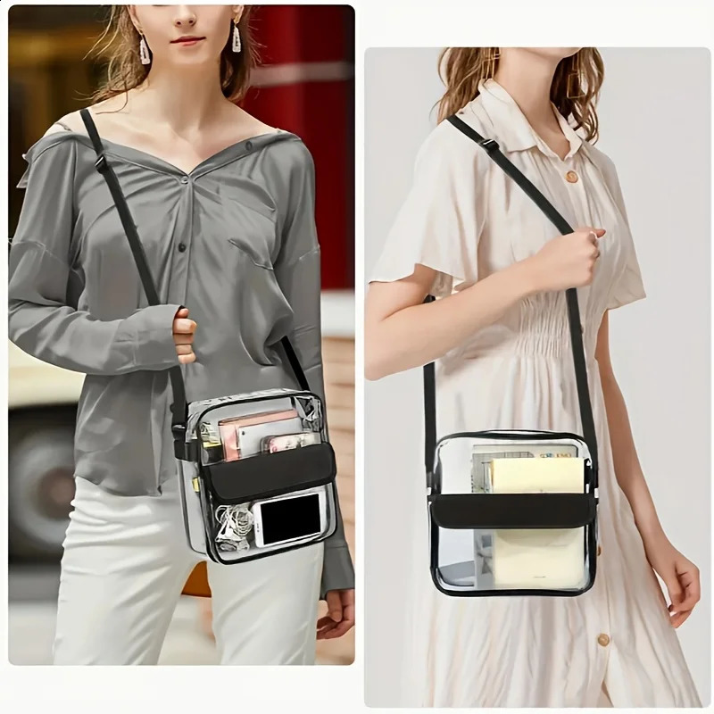 1pc Clear Shoulder Bag Transparent Crossbody Tote with Adjustable Strap Zipper Closure and Front Magic Tape Pocket 250528