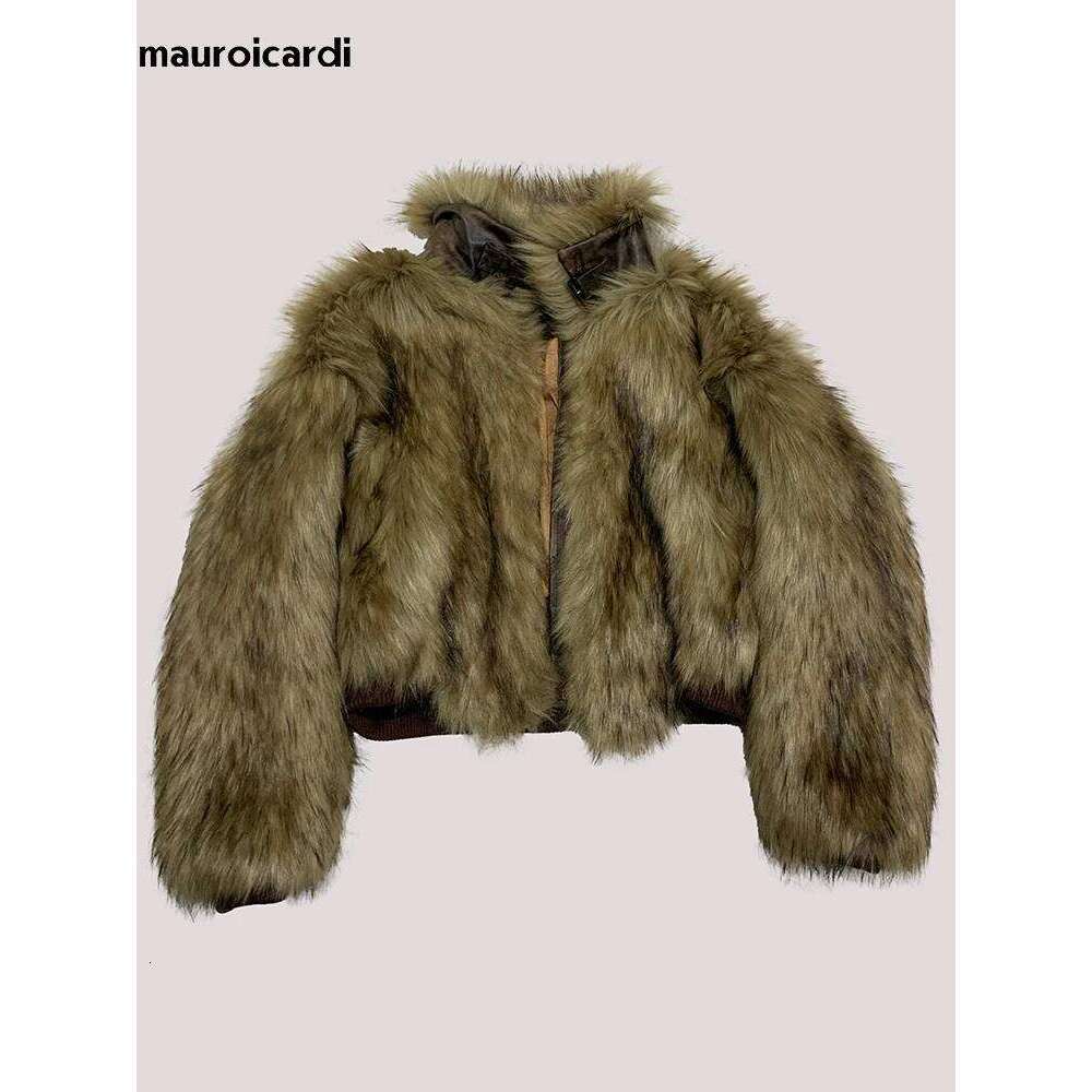 Mauroicardi Winter Short Warm Thick Hairy Shaggy Faux Raccoon Dog Fur Coat Women Long Sleeve Designer Fluffy Jacket 2025