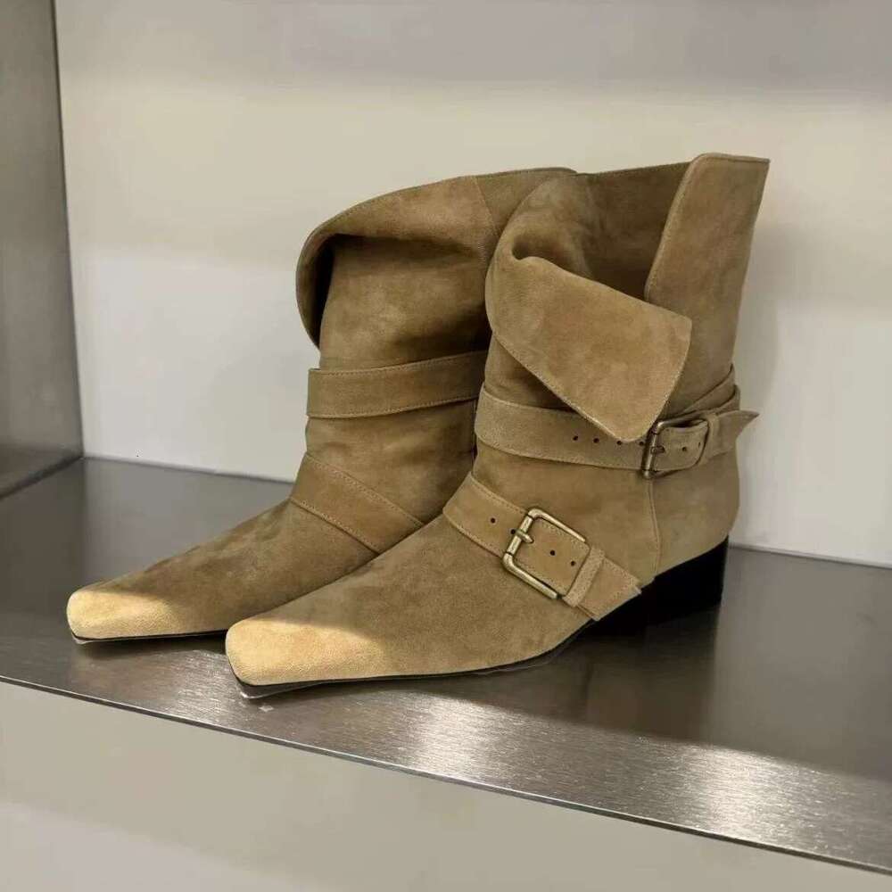 Korean Style Niche Suede Belt Buckle Chunky Heel Square Toe Short Slim Women Autumn Winter Western Cowboy Boots
