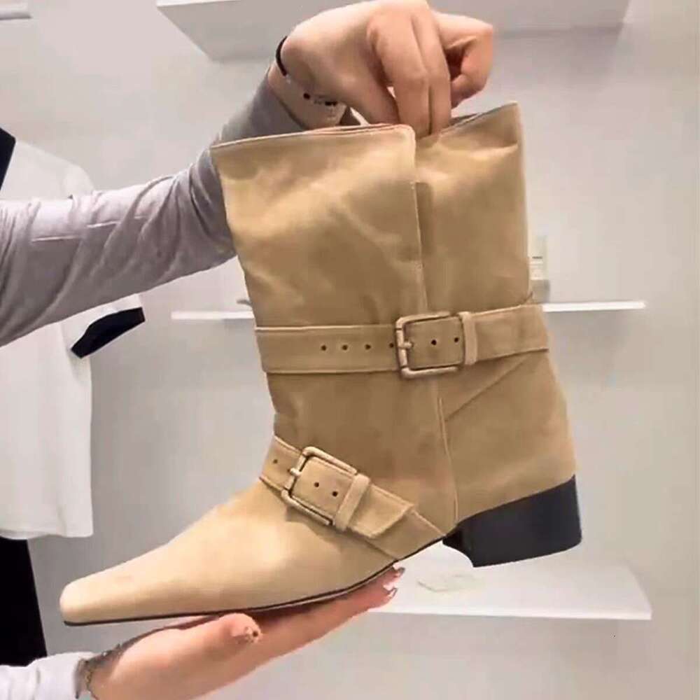 Korean Style Niche Suede Belt Buckle Chunky Heel Square Toe Short Slim Women Autumn Winter Western Cowboy Boots