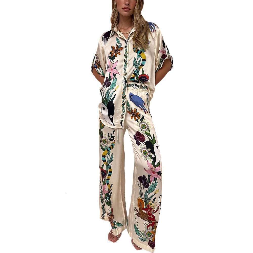 Autumn Women's Clothing Shirt Pants Loose Print Casual Two-Piece Set B5