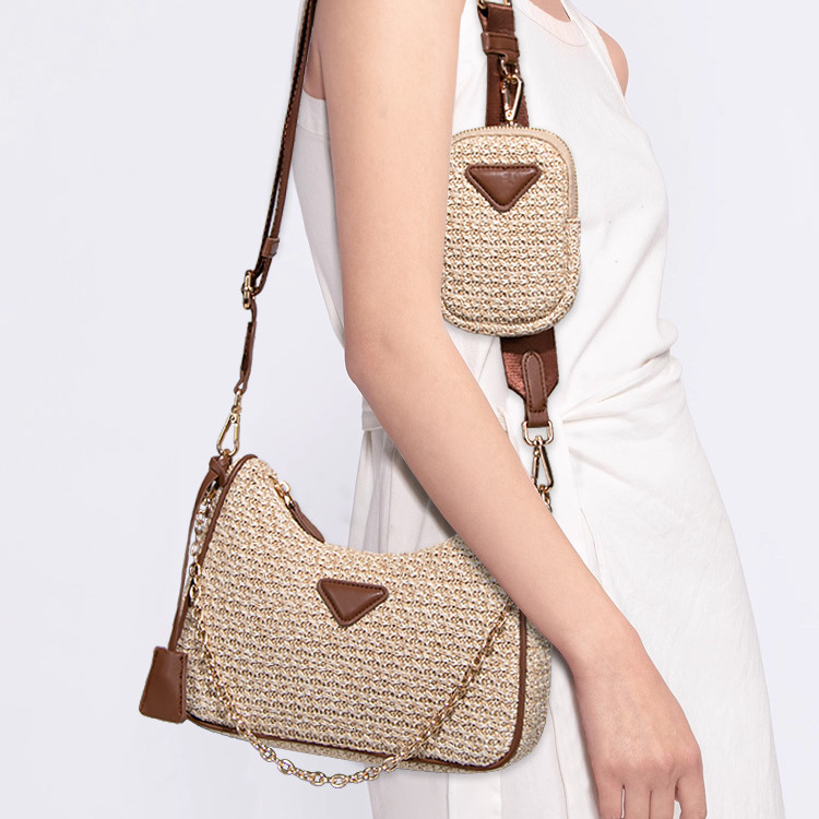 Minimalist Fresh Style Crossbody Beach Raffia Two-Piece Set Single Shoulder Underarm Fashion Niche Woven Crescent Bag