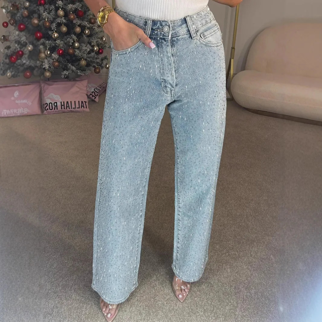 Straight Jeans for Women Diamonds Pants Stretch High Waist Washed Distressed Pockets Vintage Denims Streetwear Female Trousers 250521