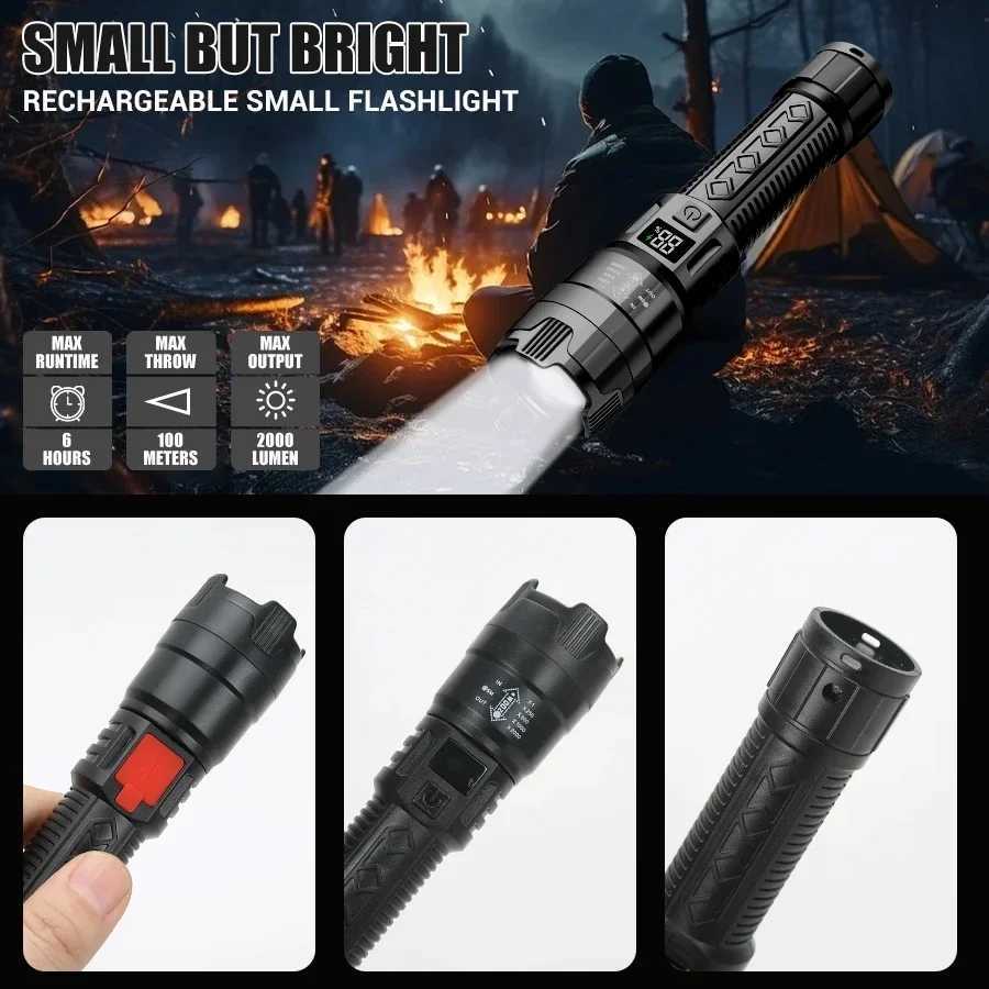 High Power 2000LM LED Flashlight with Built-in Battery USB Rechargeable Strong Light Tactical Torch for Outdoor Camping and Hiking Lantern XJ250529