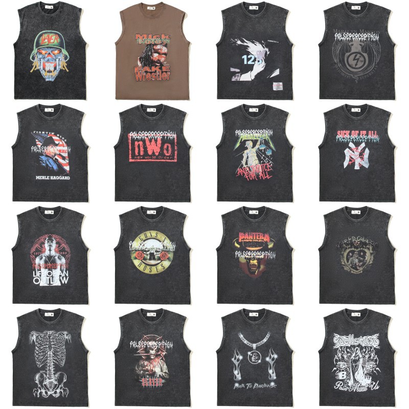 American High Street Vintage Washed Pure Cotton Tank Top Dark Men Fashion Sleeveless Short-Sleeve T-shirt in Summer