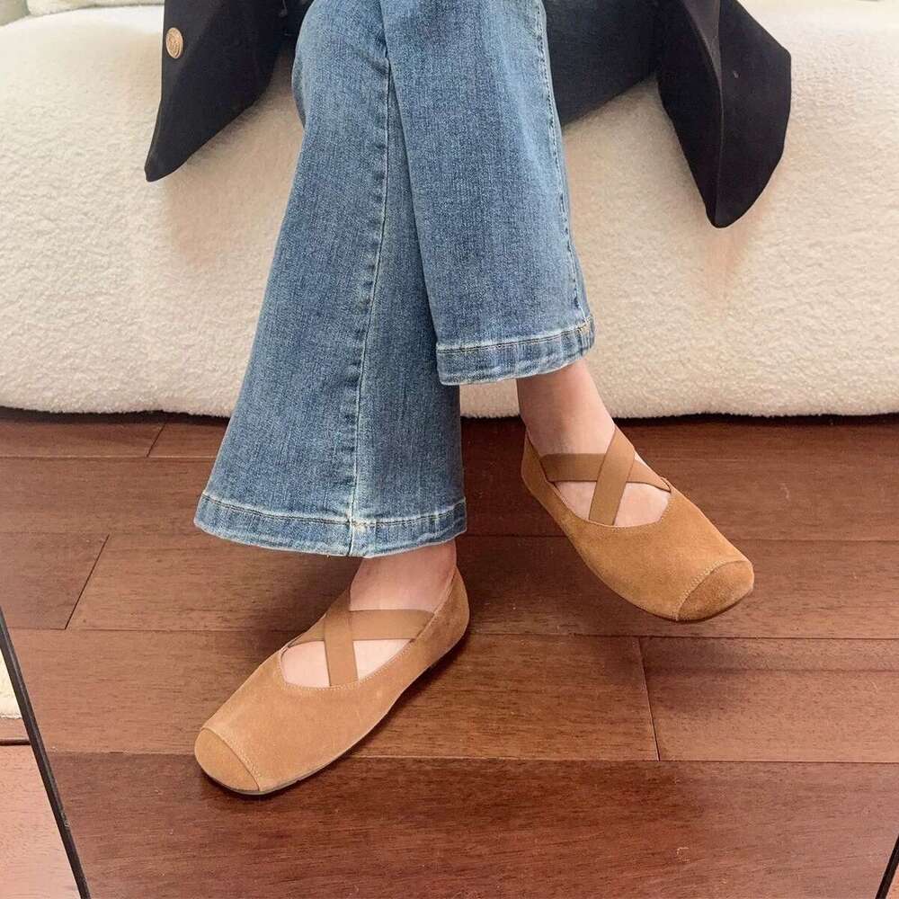 Genuine Leather Niche Suede Round Toe Cross Strap Flat Ballet for Women Spring and Autumn New Mary Jane Shoes