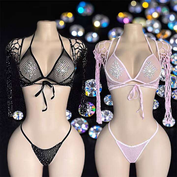 W.E.Dancewear Thongs Club Outfits For Women Sexy Rhinestone Fishnet Exotic Dancewear Stripper Outfit