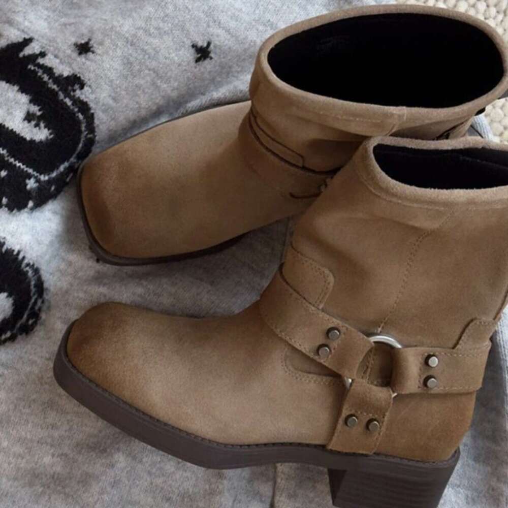 Maillard Belt Buckle Mid-Calf Western Cowboy Martin Women Autumn Winter Thick Heel Square Toe Short Boots
