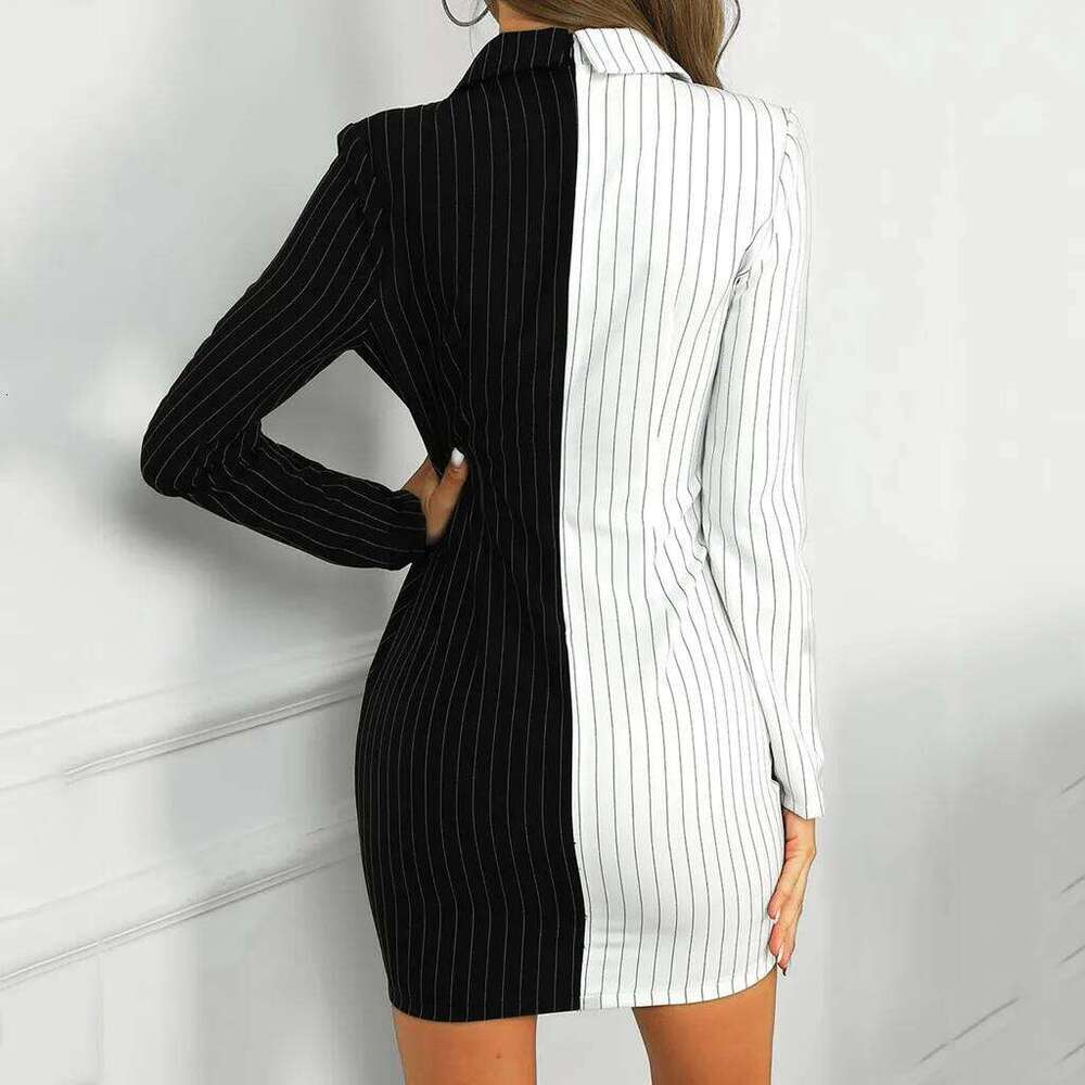 Women's Wear Women Patchwork Striped Insert Blazer Office Lady Sheath Mini Evening Autumn Dresses Long Sleeve Ol Dress Vestido