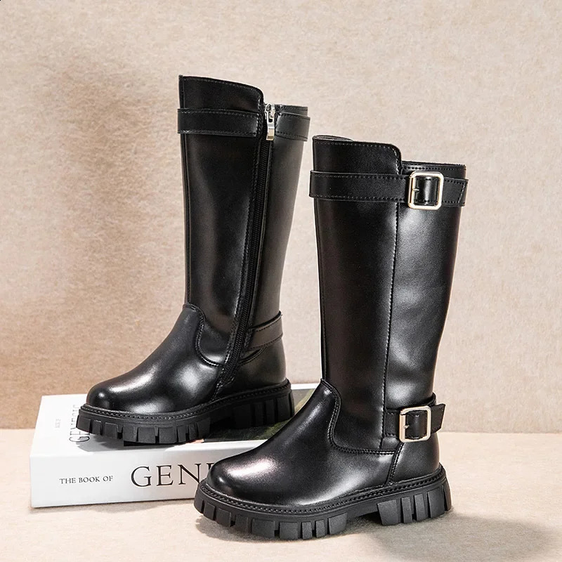 Childrens Winter Boots Classic Black School Boots for Girls Mid-calf Versatile Kids Causal Fashion Cotton Boots Round-toe 250527