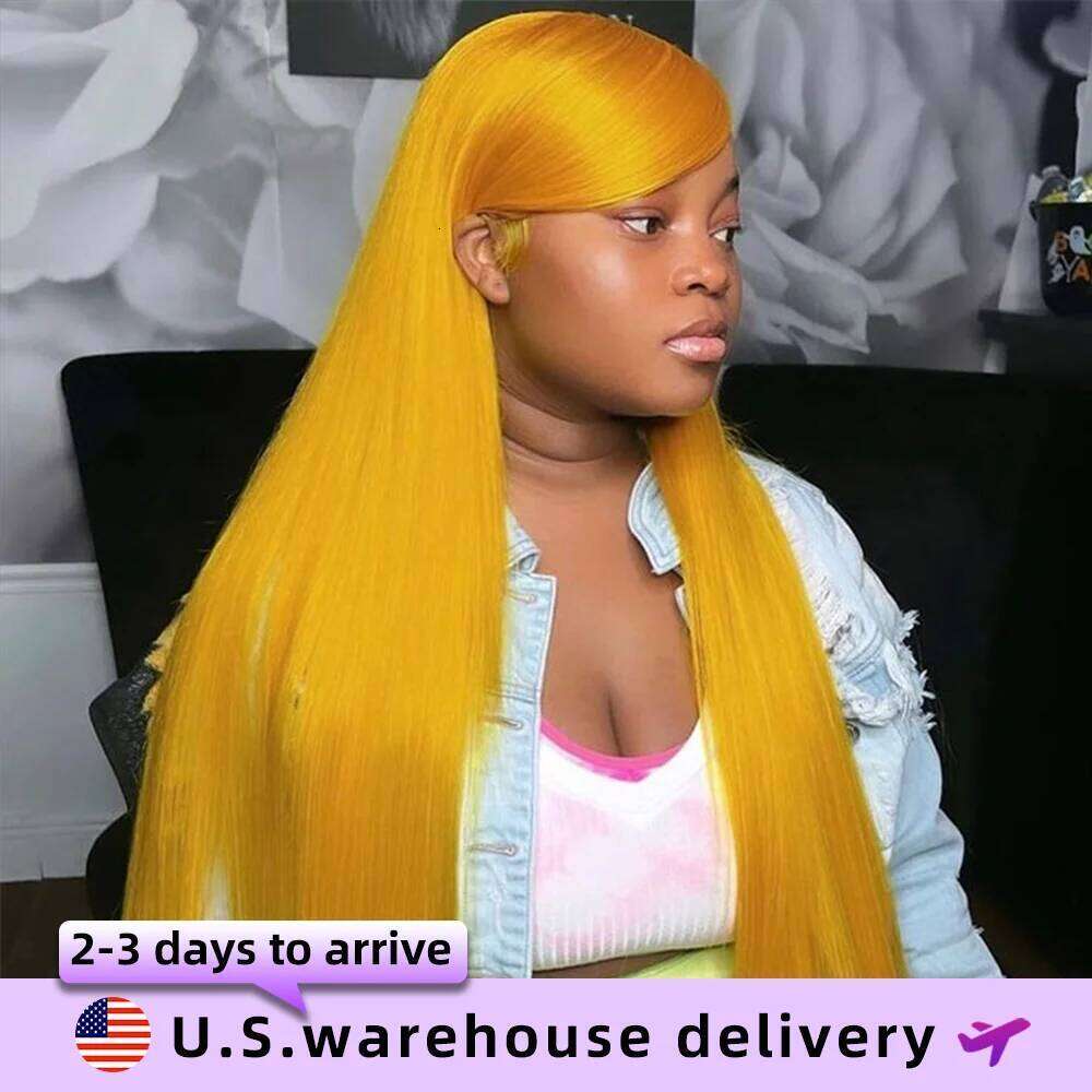 300 Density 13x6 HD Front Lemon Yellow Colored 40Inch Straight Lace Frontal Wig PrePlucked Human Hair Wigs