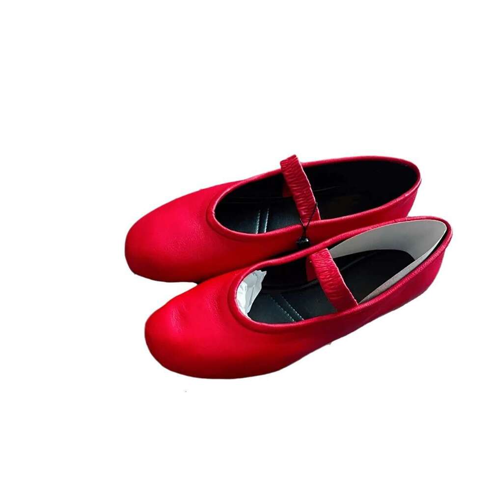 Genuine Leather Red Ballet Women, Elastic Strap, Round Toe, Shallow Mouth, Flat Mary Jane Shoes for Spring and Autumn