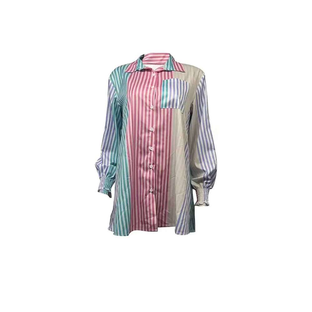 Women's Wear Pd002 New 2023 Fashionable Stripe Print Long Sleeve Shirt Loose Fit Casual Women's Top With Pocket China Mainland Origin