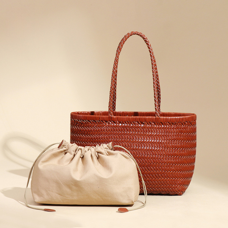 Cowhide Vegetable Basket Handbag Tote Women's Personality Handwoven Casual Vacation Style Shoulder Underarm Bag