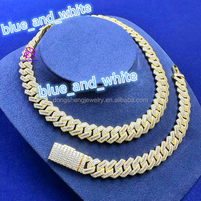 Fashion Trending 18mm S925 Sterling Silver Hip Hop Necklace Bracelet 14k 18k Gold Ice Out Moissanite Baguette Cuban Chain