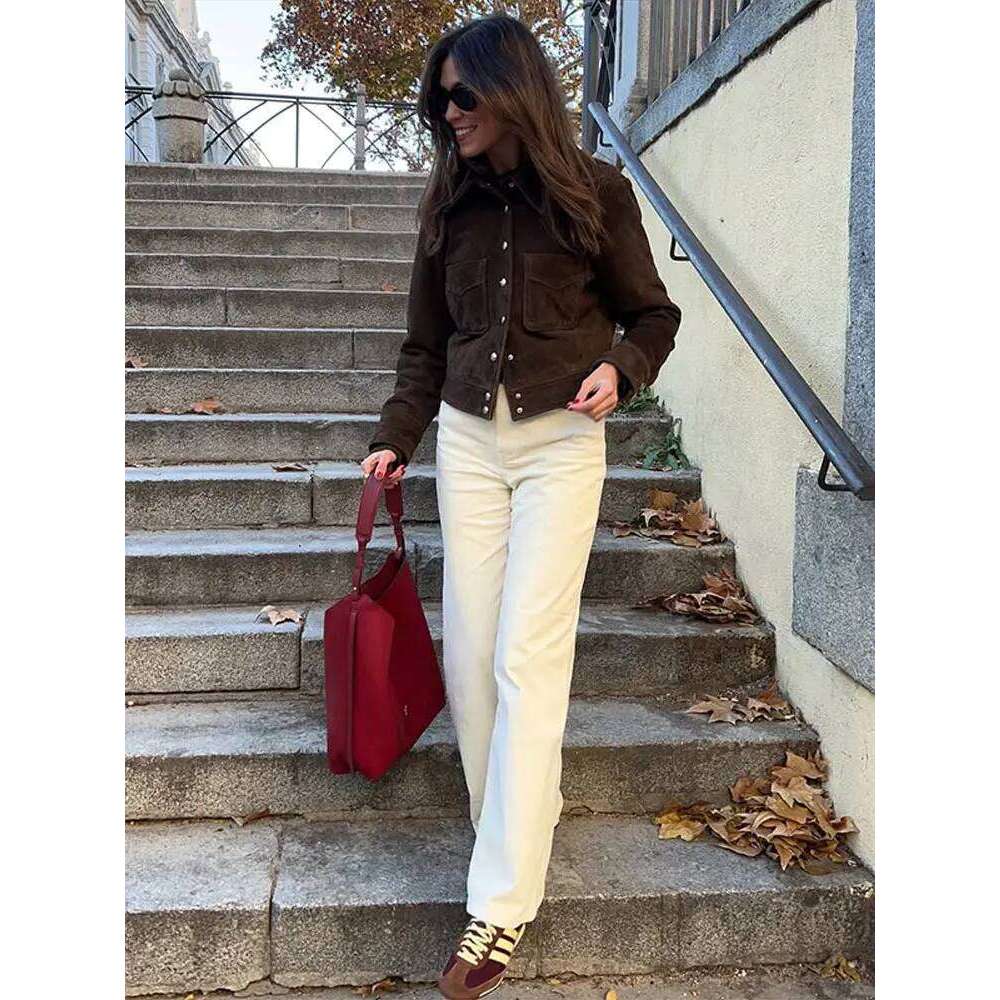 Retro Brown Suede Women's Jackets Lapel Long Sleeve Single Breasted Female Coat 2025 Spring Street Fashion Lady Outerwears