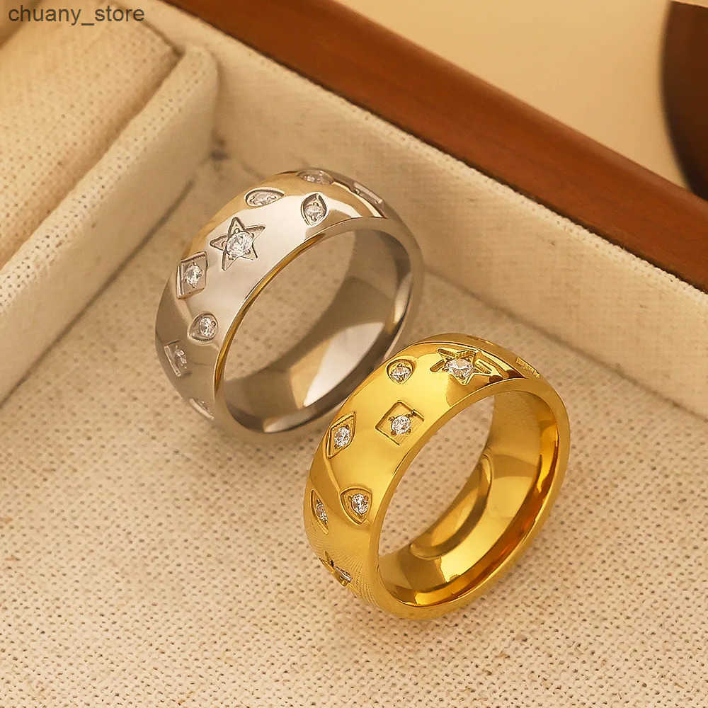 High Polished Stainless Steel Gold Plated Engraving Star White Shiny Zircon Ring for Women Girl Wedding Party Jewelry Gift z250529EEI3
