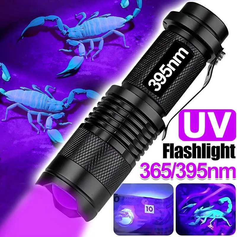 UV Flashlight LED Ultraviolet Torch Zoomable Mini Ultra Violet Lights 395/365nm Inspection Lamp Pet Urine Stain Detector Tools XJ250529