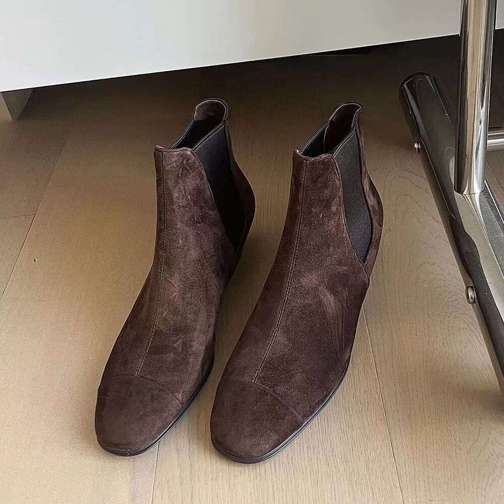 French Style Melard Short for Women 2024 Autumn Winter Fleece Lined Chunky Heel Round Toe Martin Chelsea Denim Boots