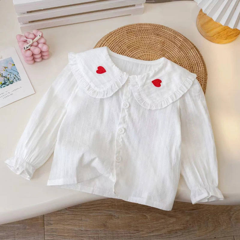 DAYIFUN Doll Collar Shirts Childrens White Cuffed Heart Embroidered ShirtSpring/Summer Solid Color Long Sleeved Fashion Top 250526bj