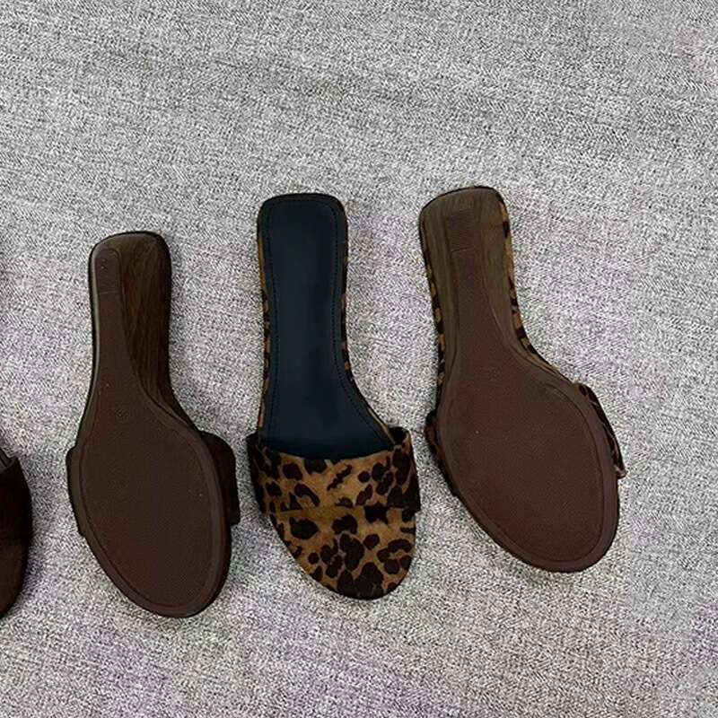 Sheepskin Version ~ Niche Leopard Print Open-Toe One-Strap for Women Outdoor 2025 Summer Wood Grain Wedge High Heel Sandals