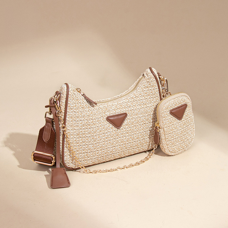 Minimalist Fresh Style Crossbody Beach Raffia Two-Piece Set Single Shoulder Underarm Fashion Niche Woven Crescent Bag