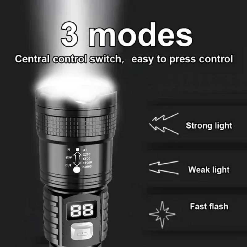 High Power LED Flashlights Built-in battery USB Rechargeable Strong Hand Light Multifunctional Torch Lamp For Emergency Camping XJ250529