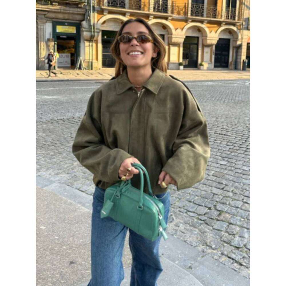 Street Women's Suede Bomber Jacket Fashion Lapel Zipper Full Sleeve Female Coats 2025 Spring Lady Casual Commute Vintage Outwear