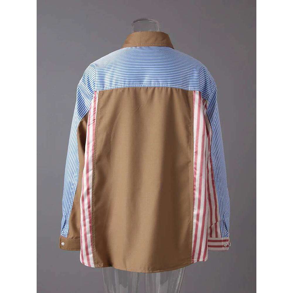 Women's Wear Women Khaki Striped Color-Block Big Size Casual Blouse New Lapel Long Sleeve Shirt Fashion Tide Spring Autumn 7Ab8930