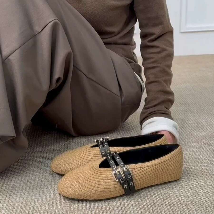 Genuine Leather French Style Straw Woven Double Strap Round Toe Shallow Mouth Flat Ballet Flats Women 2025 Spring Mary Jane Shoes