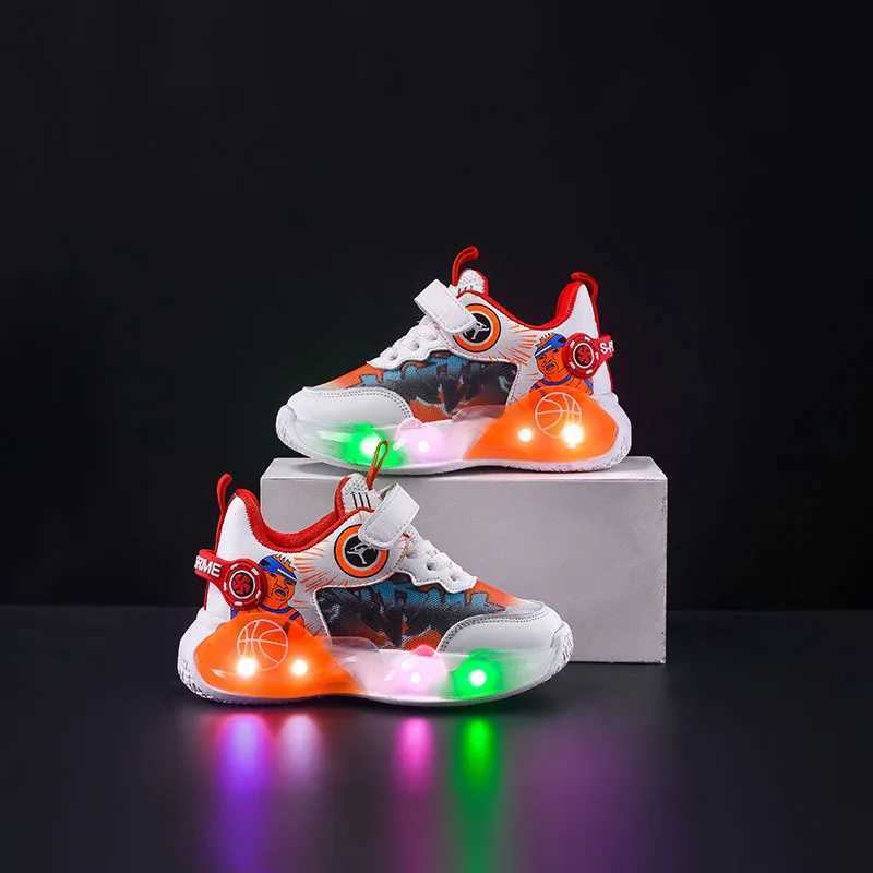 Boys Flash Sports Mesh Breathable Basketball Sneakers for Middle and Small Children Soft Bottom Non-slip LED Casual Shoes H260130