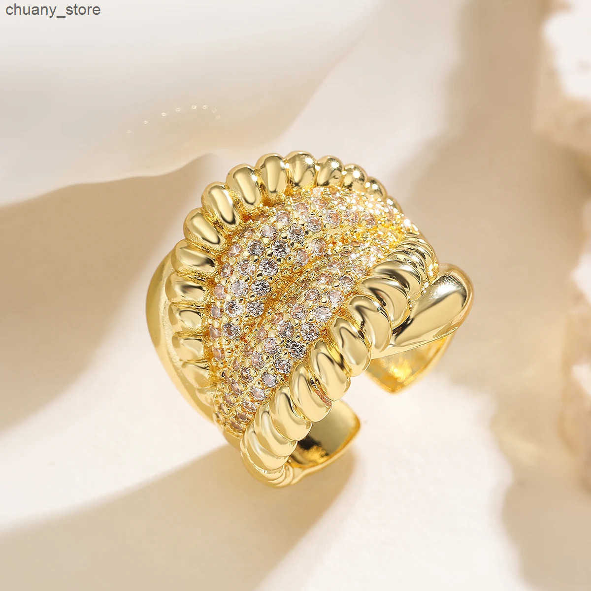 Glamorous Gold Color Adjustable Band Ring For Women Girls Delicate Cubic Zirconia Jewelry z250529YZXW