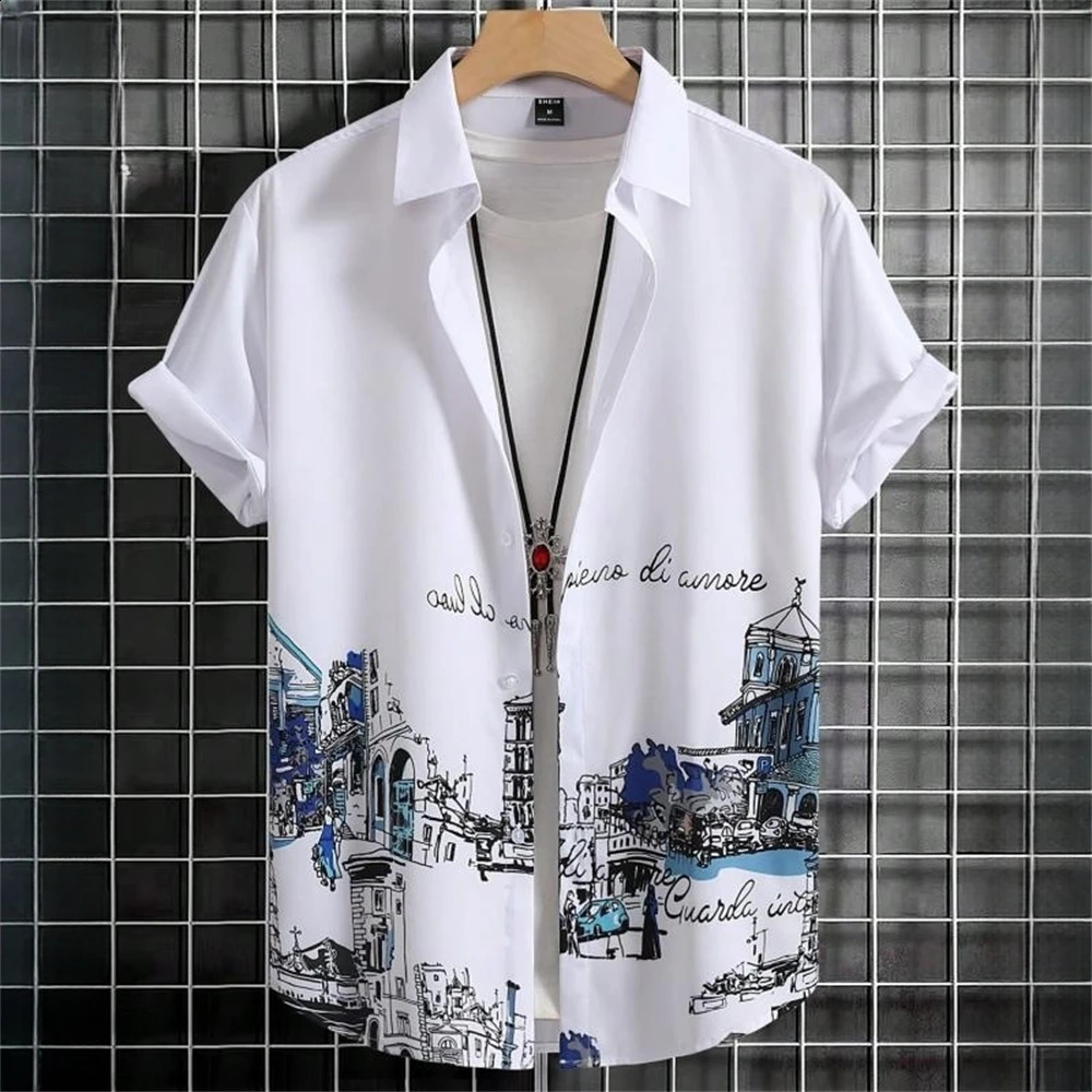 Simple Mens Shirts 3D Patchwork Printing High-Quality Mens Clothing Short Sleeve Beach Party Hawaiian Shirts 250528
