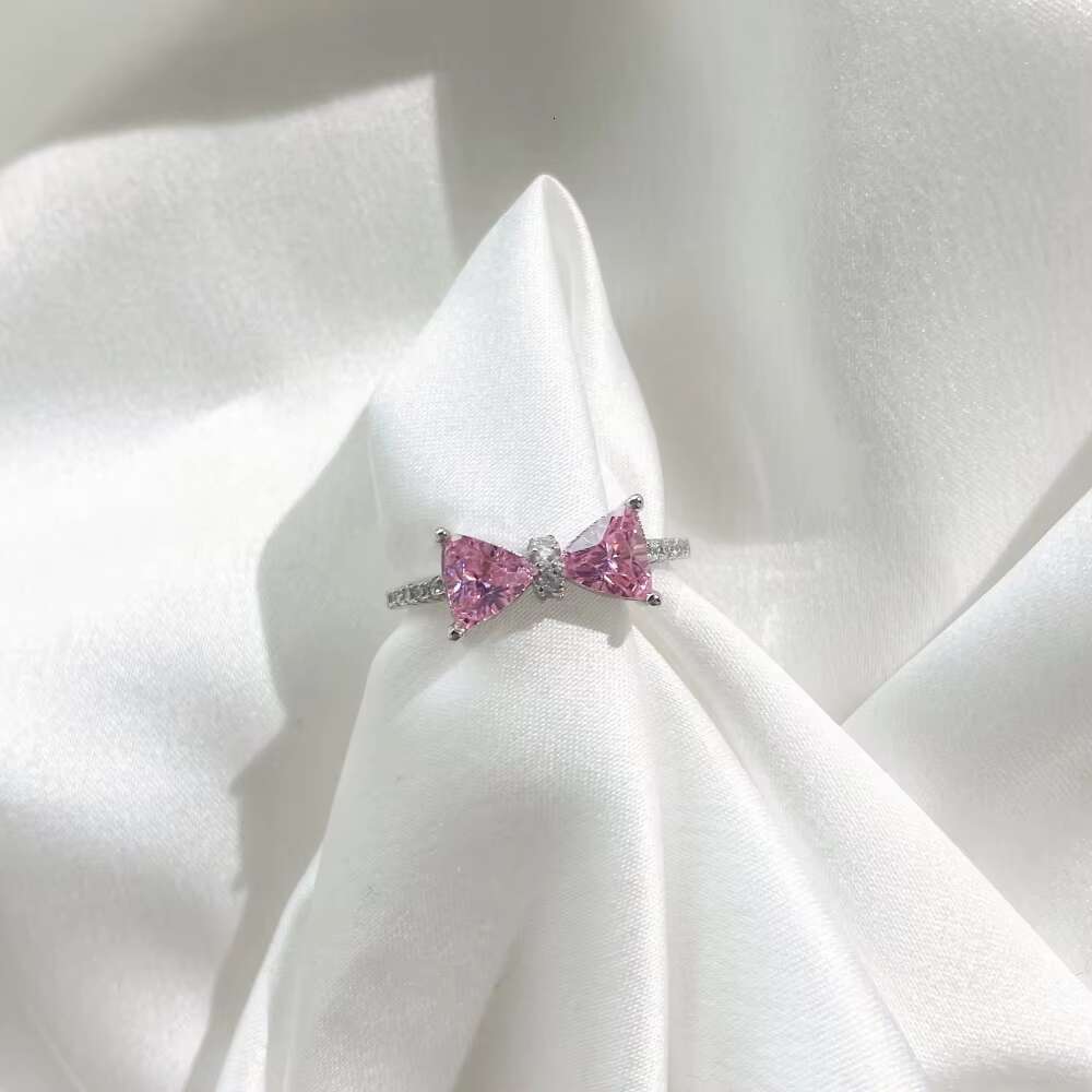 925 Sterling Silver Pink Diamond Ring Fashion Simple Love Drop Bow Full Diamond Ring for Women