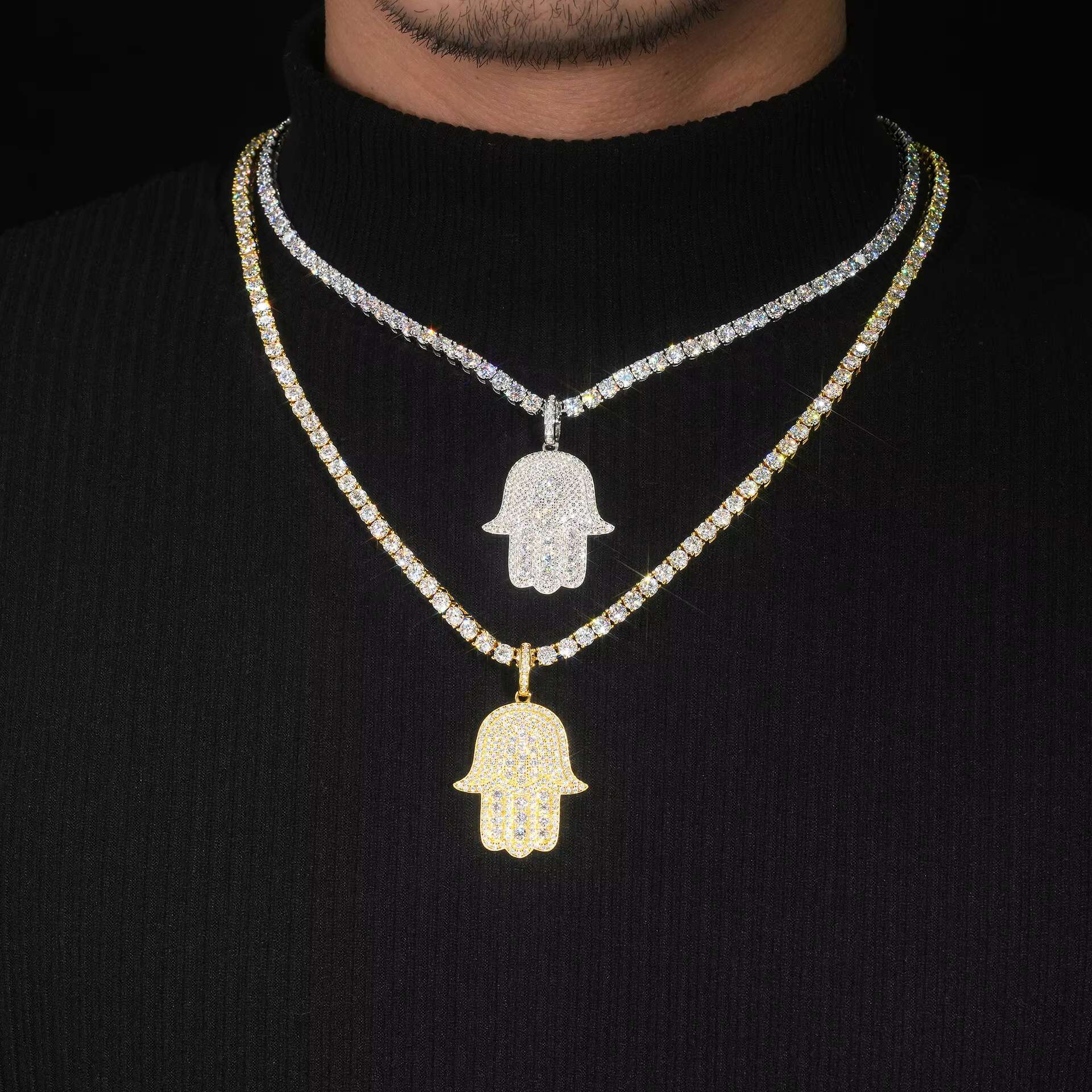 Hip Hop Jewelry Iced Out Custom Necklace Rapper Hand of Fatima Moissanite Necklace 925 Silver VVS Mossanite Mens Pendant