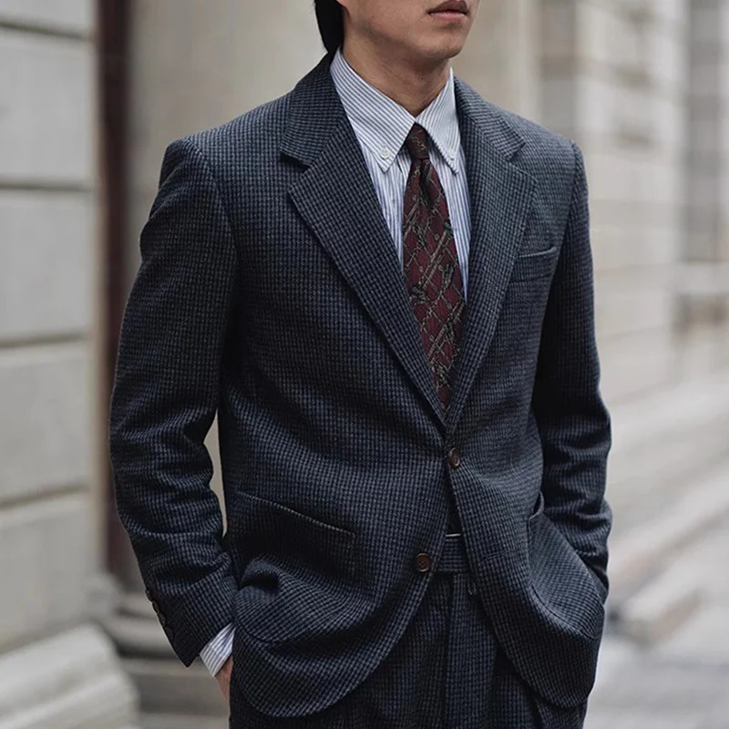 Retro British Houndstooth Plaid Slim Wool Suit Spring and Autum Thickeneded Tweed Casual Suit Jacket for Men 250527