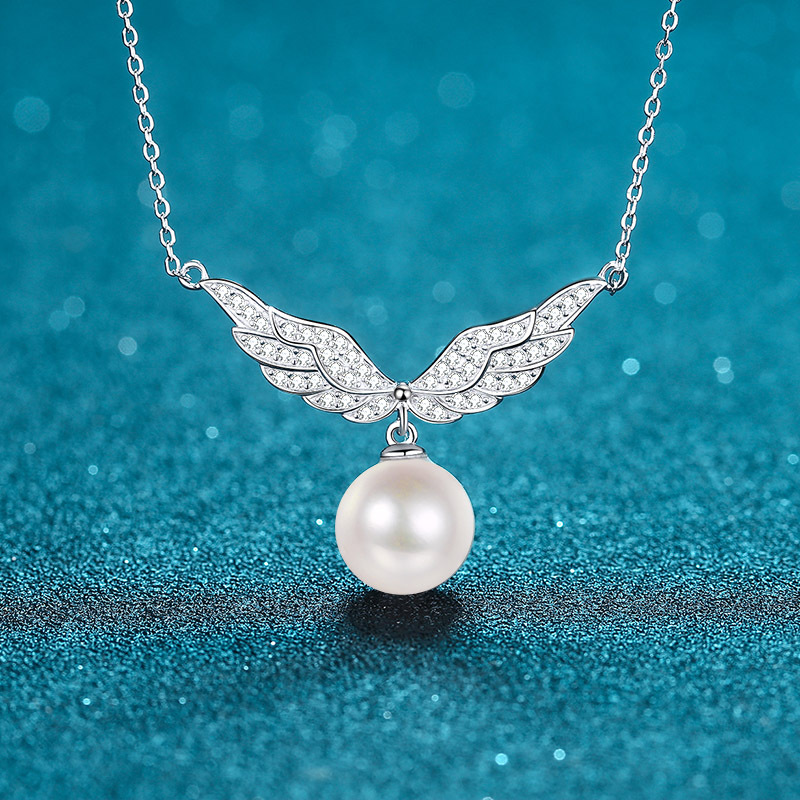 925 Sterling Silver Plated Pt950 Gold Collarbone Necklace Women 10mm Flawless Pearl Angel Wing Moissanite Elegant Luxury